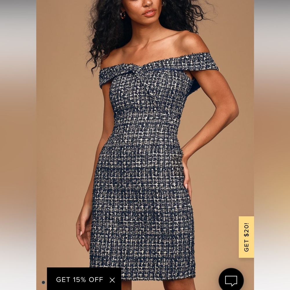 NWT off the shoulder dress- navy blue with gold threads. Never worn.
